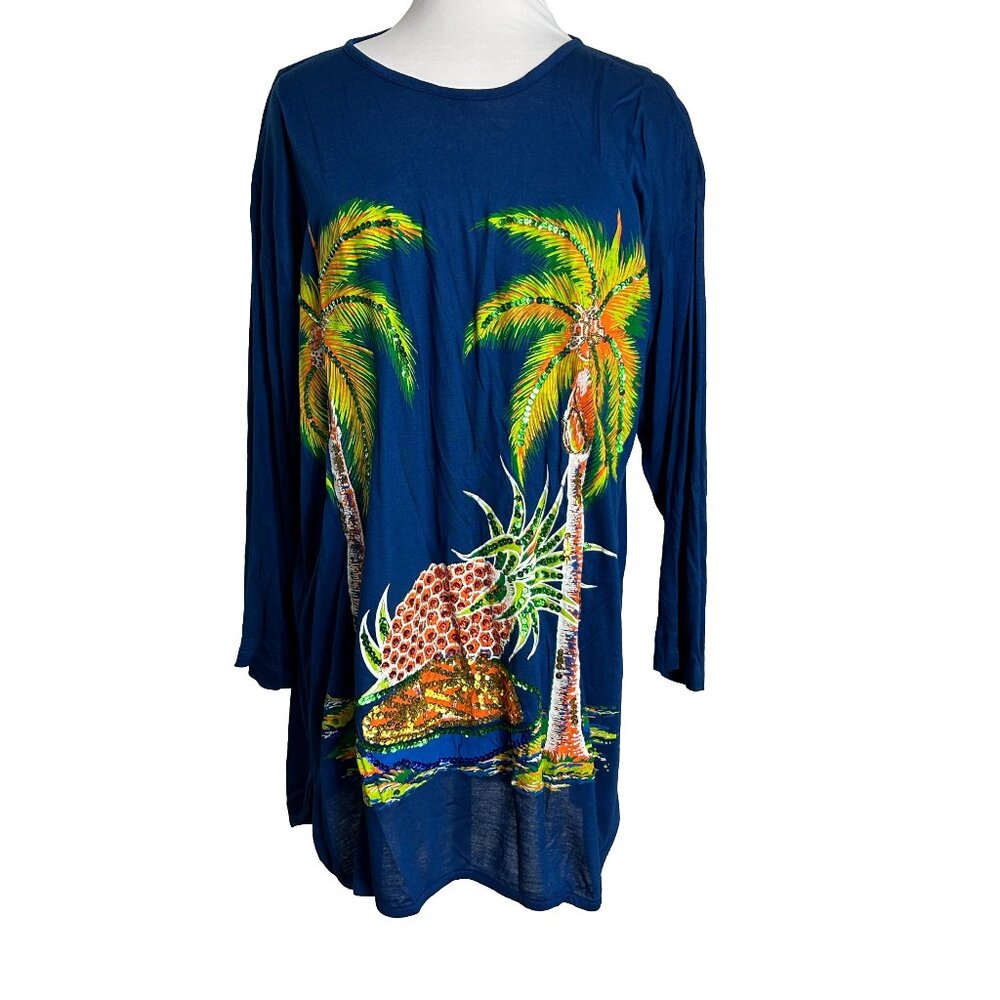 Ultra Womens Long Sleeve Tee Shirt Blue Painted Sequins Palm Trees Pineapple 2XL